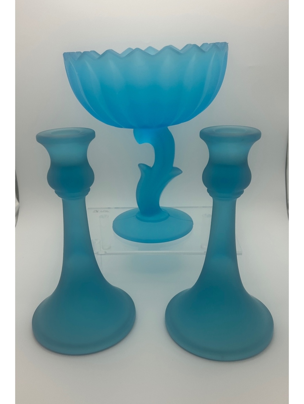 Indiana Glass Co. 3 piece Lootus Console, Set Blue Satin Glass